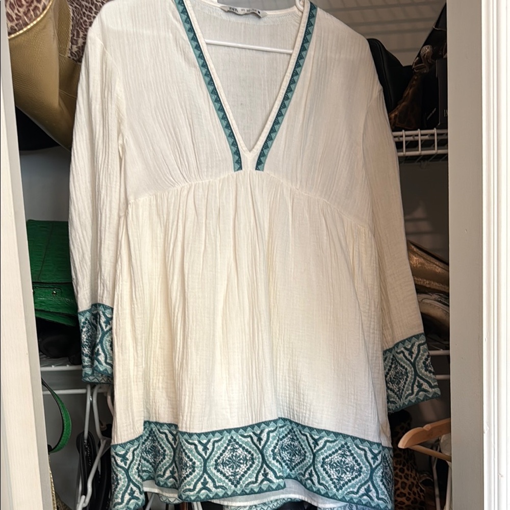 Zara Cream and Blue Embellished Tunic with 3/4 Sleeves